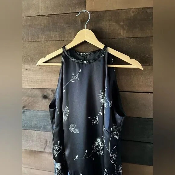 Vintage 90s Black Floral Butterfly High Neck Midi Dress - Picture 4 of 12